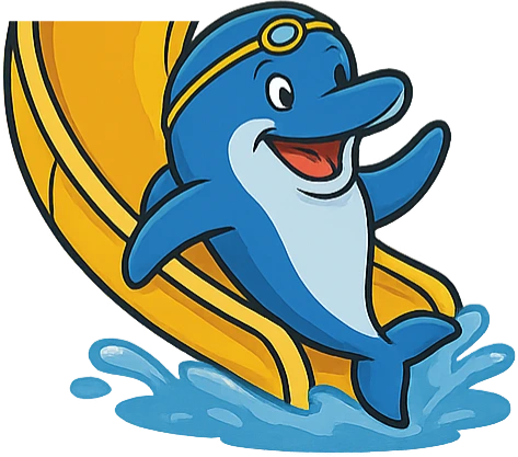 Golfinho descendo um toboágua. Ilustração.