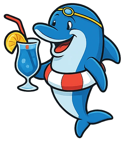 Golfinho tomando um drink. Desenho.